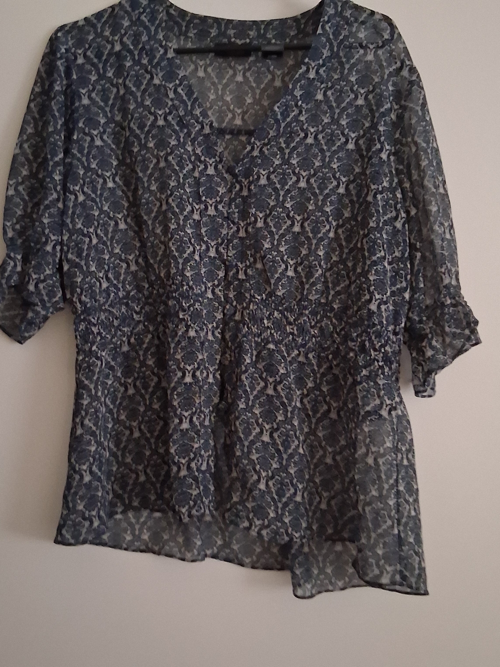 Womenās Navy Patterned Sheer Blouse